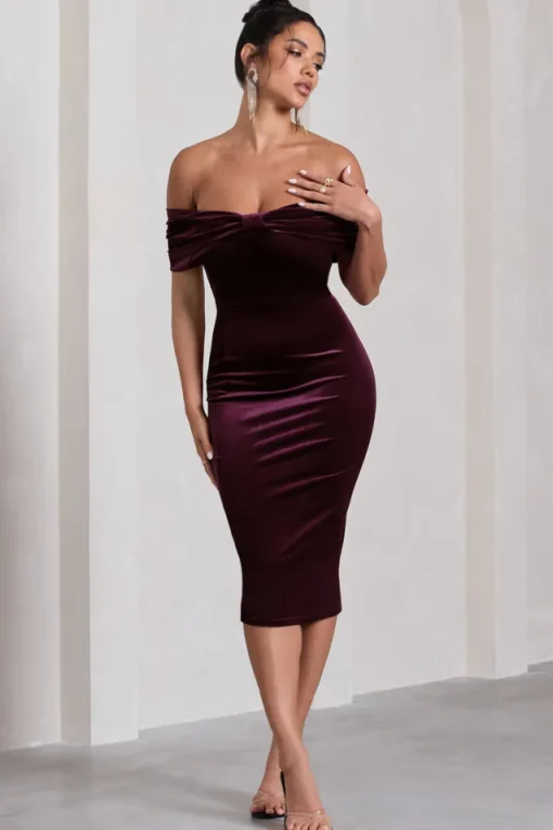 Snowflake | Port Velvet Bardot Bow Detail Midi Dress