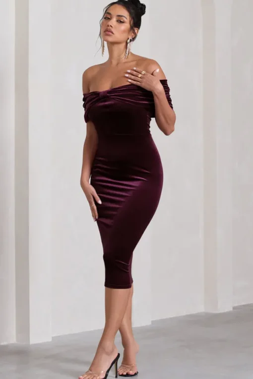 Snowflake | Port Velvet Bardot Bow Detail Midi Dress