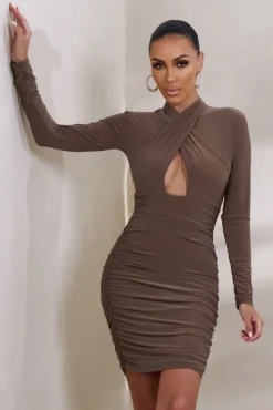 Sofia | Brown Cut Out Ruched Mini Dress With Open Back Detail