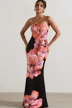 Sofiane | Black u0026 Pink Floral Print Bandeau Maxi Dress