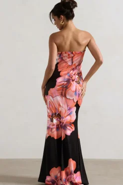 Sofiane | Black u0026 Pink Floral Print Bandeau Maxi Dress