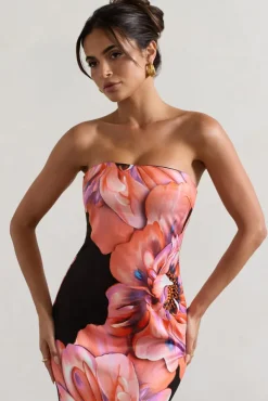 Sofiane | Black u0026 Pink Floral Print Bandeau Maxi Dress