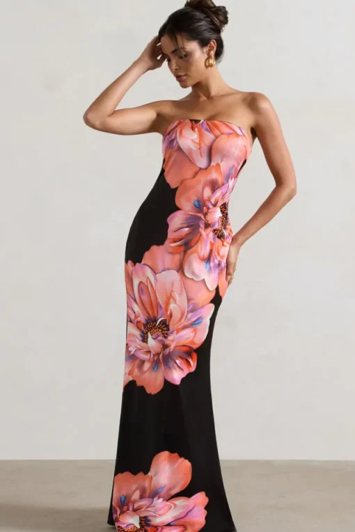 Sofiane | Black u0026 Pink Floral Print Bandeau Maxi Dress