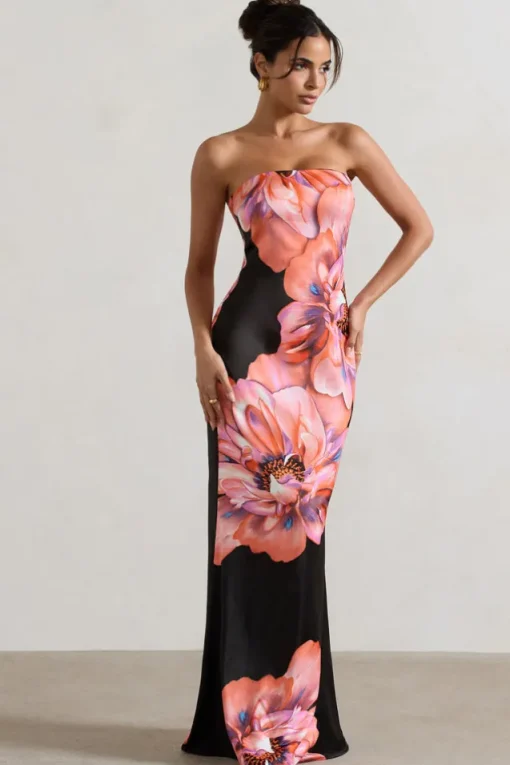 Sofiane | Black u0026 Pink Floral Print Bandeau Maxi Dress