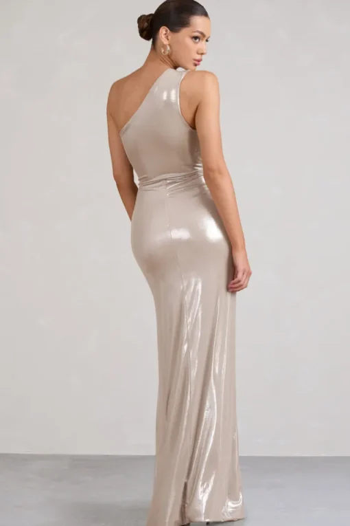 Sofie | Gold One Shoulder Maxi Dress with Thigh Split