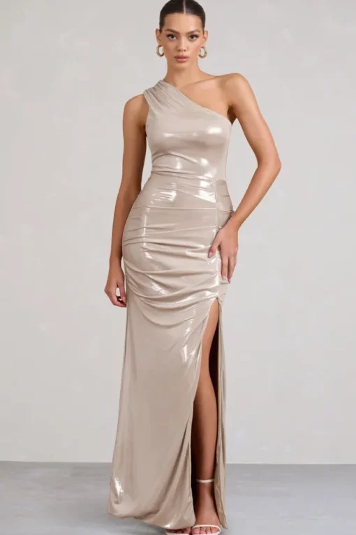 Sofie | Gold One Shoulder Maxi Dress with Thigh Split