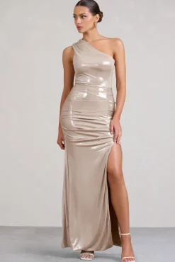 Sofie | Gold One Shoulder Maxi Dress with Thigh Split
