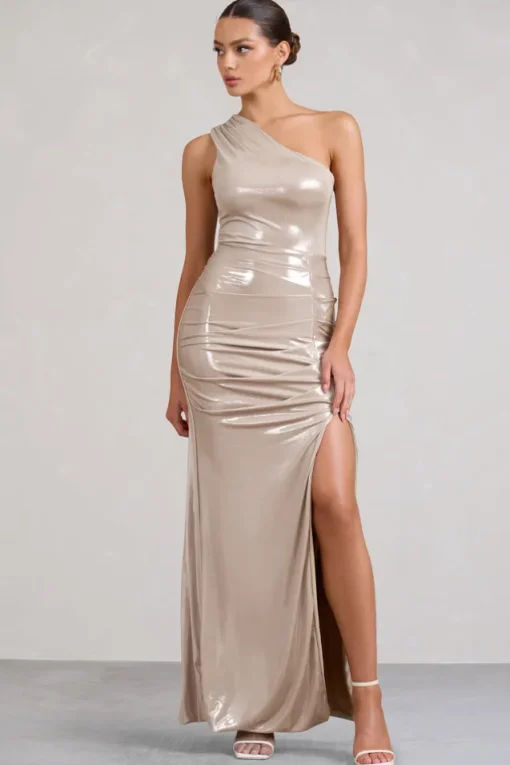 Sofie | Gold One Shoulder Maxi Dress with Thigh Split