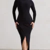 Soha | Black High-Neck Wrap Midi Dress