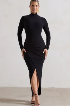 Soha | Black High-Neck Wrap Midi Dress