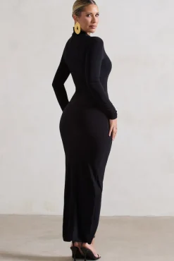 Soha | Black High-Neck Wrap Midi Dress