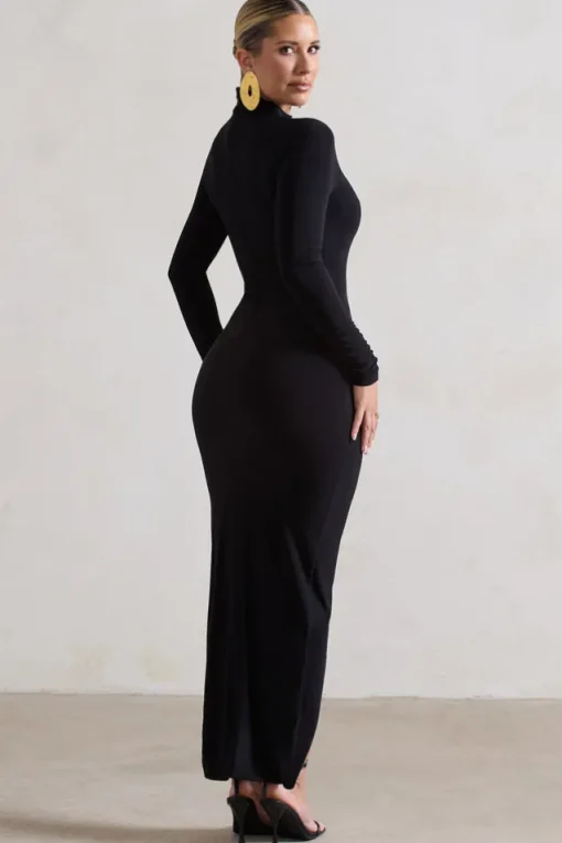 Soha | Black High-Neck Wrap Midi Dress
