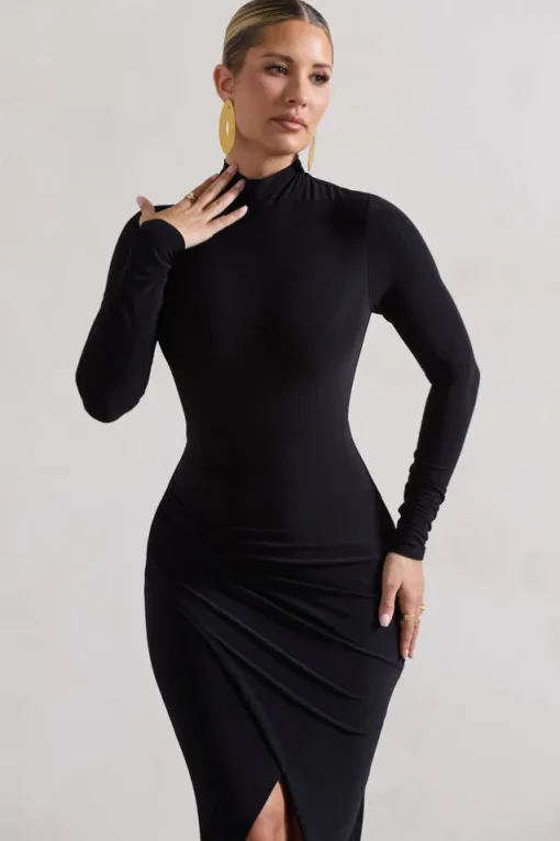 Soha | Black High-Neck Wrap Midi Dress