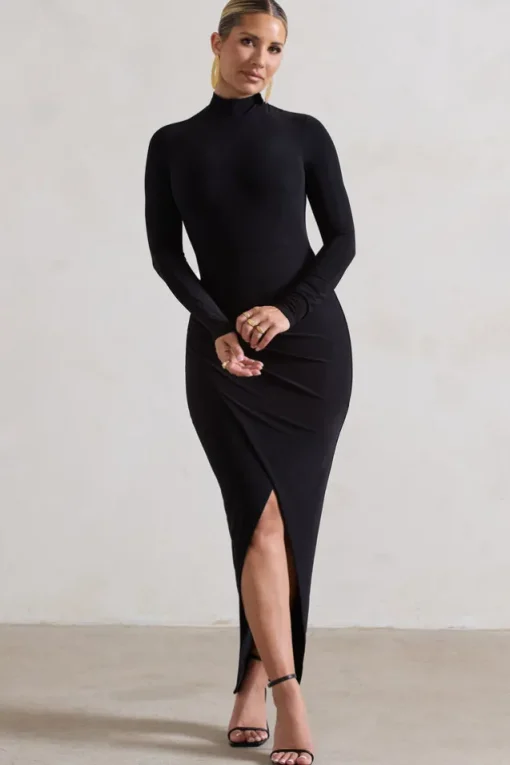Soha | Black High-Neck Wrap Midi Dress