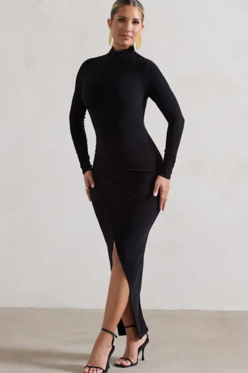 Soha | Black High-Neck Wrap Midi Dress