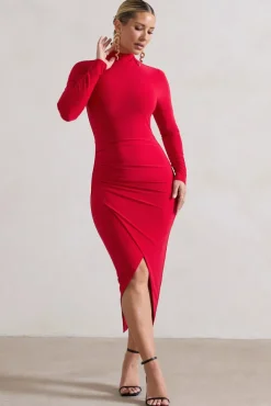 Soha | Red High-Neck Wrap Midi Dress