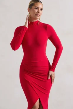 Soha | Red High-Neck Wrap Midi Dress