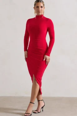 Soha | Red High-Neck Wrap Midi Dress
