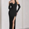 Solana | Black Halter-Neck Long-Sleeve Split Maxi Dress