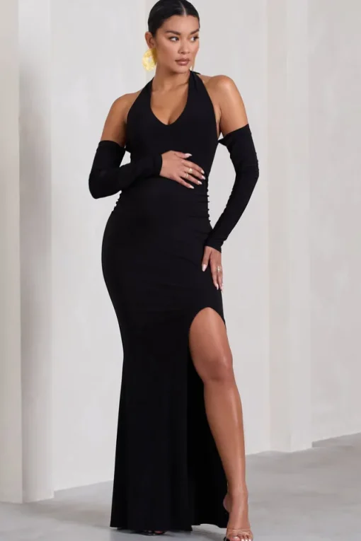 Solana | Black Halter-Neck Long-Sleeve Split Maternity Maxi Dress