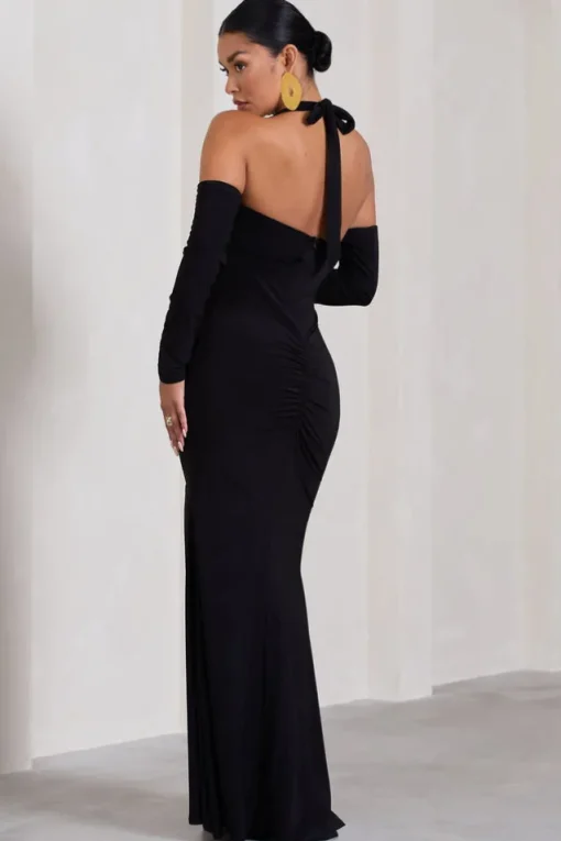 Solana | Black Halter-Neck Long-Sleeve Split Maternity Maxi Dress