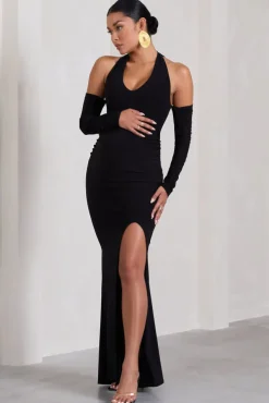 Solana | Black Halter-Neck Long-Sleeve Split Maternity Maxi Dress