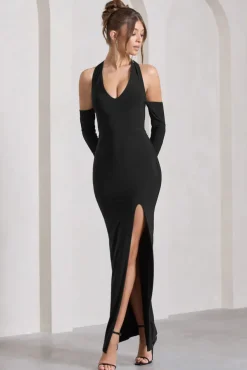 Solana | Black Halter-Neck Long-Sleeve Split Maxi Dress