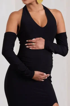 Solana | Black Halter-Neck Long-Sleeve Split Maternity Maxi Dress