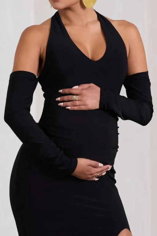 Solana | Black Halter-Neck Long-Sleeve Split Maternity Maxi Dress
