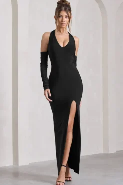 Solana | Black Halter-Neck Long-Sleeve Split Maxi Dress