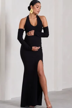 Solana | Black Halter-Neck Long-Sleeve Split Maternity Maxi Dress