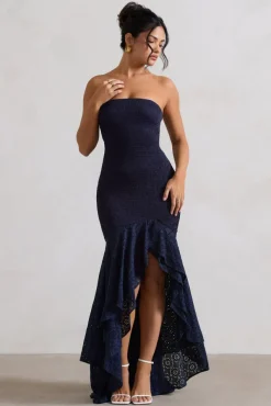 Solange | Navy Broderie Bandeau High-Low Maxi Dress