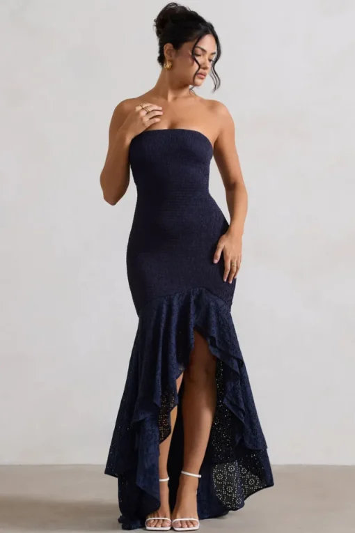 Solange | Navy Broderie Bandeau High-Low Maxi Dress