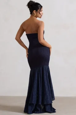 Solange | Navy Broderie Bandeau High-Low Maxi Dress