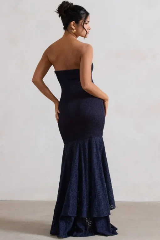 Solange | Navy Broderie Bandeau High-Low Maxi Dress