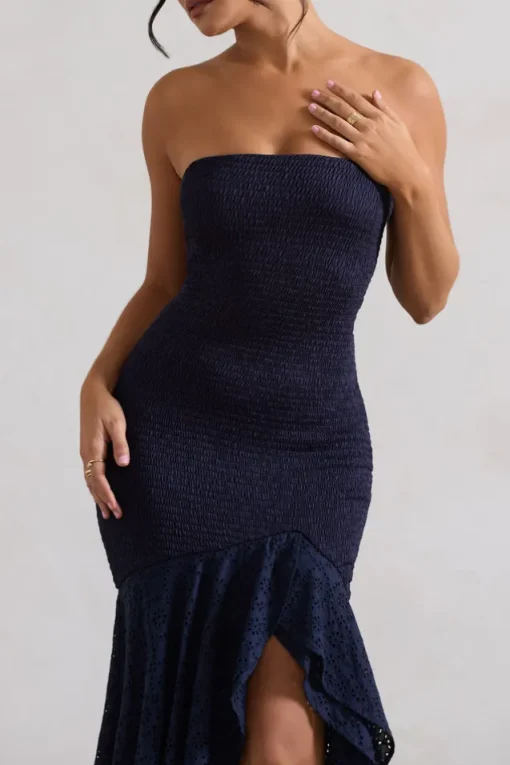 Solange | Navy Broderie Bandeau High-Low Maxi Dress