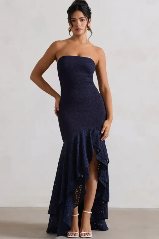Solange | Navy Broderie Bandeau High-Low Maxi Dress