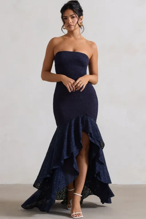 Solange | Navy Broderie Bandeau High-Low Maxi Dress