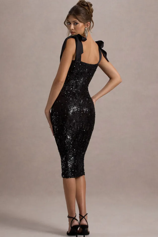 Solaria | Black Sequin Midi Dress With Bow Straps