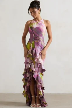 Sommer | Lilac Print Racer-Neck Ruffle Maxi Dress