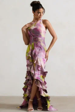 Sommer | Lilac Print Racer-Neck Ruffle Maxi Dress