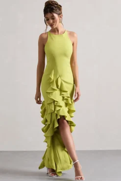 Sommer | Lime Green Racer-Neck Ruffle Maxi Dress