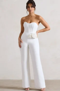 Sonia | White Sweetheart Corset Straight-Leg Jumpsuit With Flowers