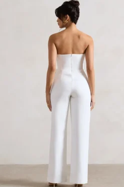 Sonia | White Sweetheart Corset Straight-Leg Jumpsuit With Flowers