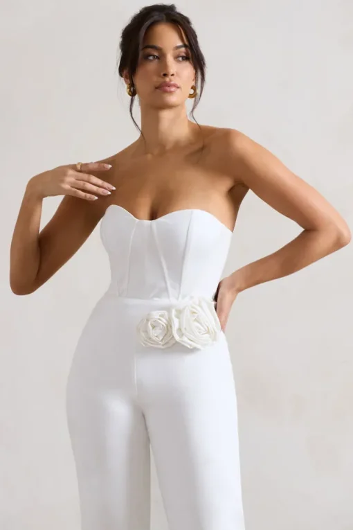Sonia | White Sweetheart Corset Straight-Leg Jumpsuit With Flowers