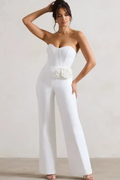 Sonia | White Sweetheart Corset Straight-Leg Jumpsuit With Flowers
