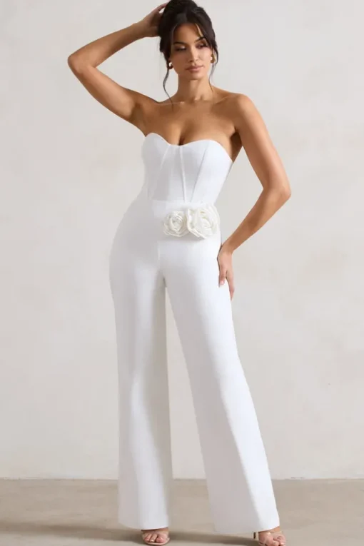 Sonia | White Sweetheart Corset Straight-Leg Jumpsuit With Flowers