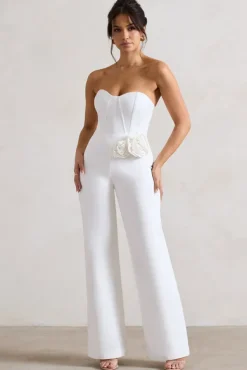 Sonia | White Sweetheart Corset Straight-Leg Jumpsuit With Flowers