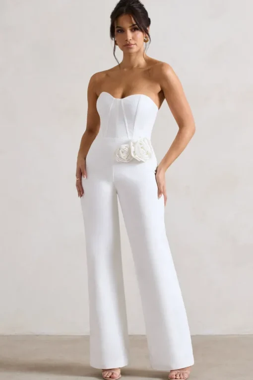 Sonia | White Sweetheart Corset Straight-Leg Jumpsuit With Flowers