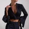 Sophie | Black Cotton-Blend Tailored Cropped Blazer With Ruffled Cuffs